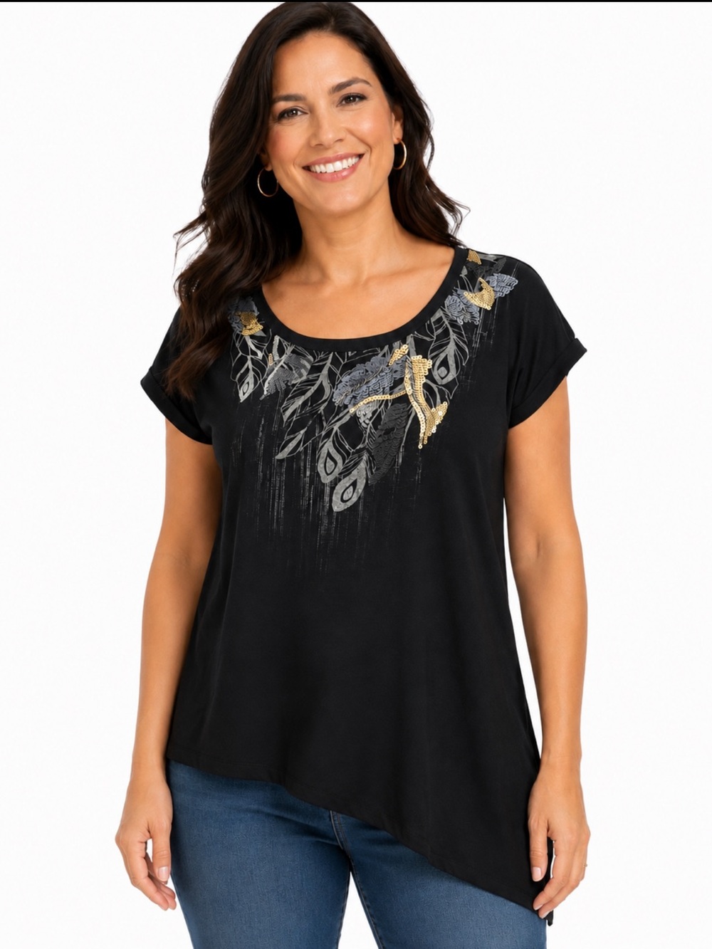 Miss Me Black Sequin Embellished Asymmetrical Tunic Top Medium Feather Print